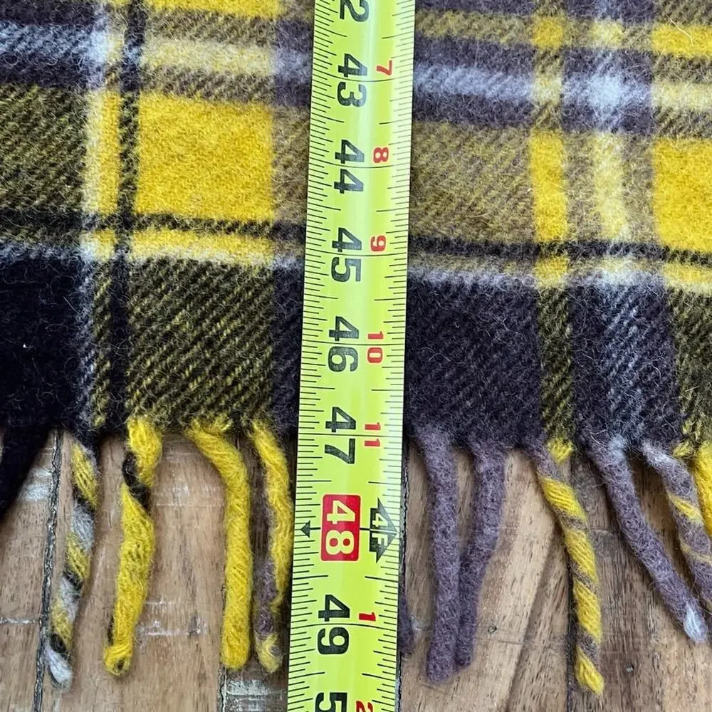Unbranded Yellow Brown Wool Plaid Checkered Fringe Throw Blanket 46